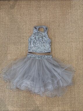 Weissman Silver Sequin Crop Top with Silver Tulle Skirt